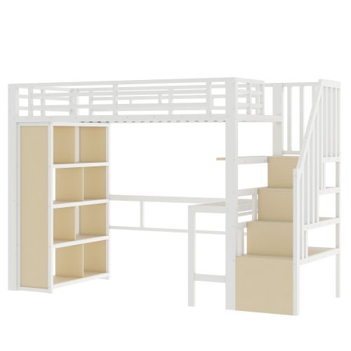 Lit Mezzanine 90x200 Cm, Avec Bureau Et Rangement Escalier, Avec LED, En Métal, Blanc