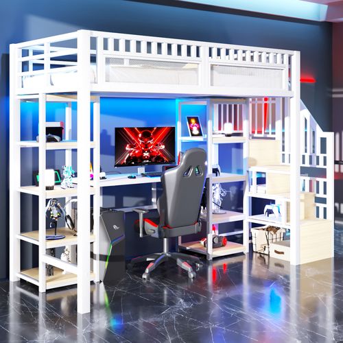 Lit Mezzanine 90x200 Cm, Avec Bureau, LED Et Ports USB Et Type-c, En Métal, Blanc
