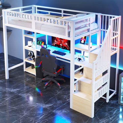 Lit Mezzanine 90x200 Cm, Avec Bureau, LED Et Ports USB Et Type-c, En Métal, Blanc