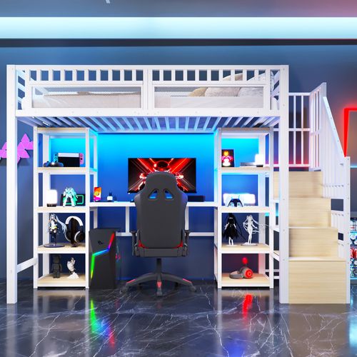 Lit Mezzanine 90x200 Cm, Avec Bureau, LED Et Ports USB Et Type-c, En Métal, Blanc