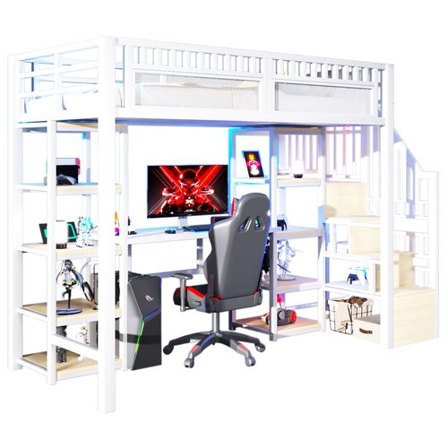 Lit Mezzanine 90x200 Cm, Avec Bureau, LED Et Ports USB Et Type-c, En Métal, Blanc