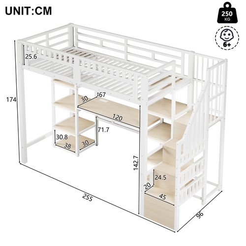 Lit Mezzanine 90x200 Cm, Avec Bureau, LED Et Ports USB Et Type-c, En Métal, Blanc