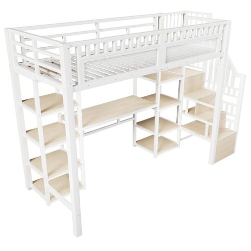 Lit Mezzanine 90x200 Cm, Avec Bureau, LED Et Ports USB Et Type-c, En Métal, Blanc