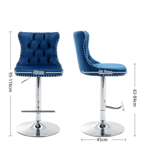 Lot De 2 Tabourets De Bar Pivotants, Hauteur Réglable, En Velours, Base Chrome, Bleu