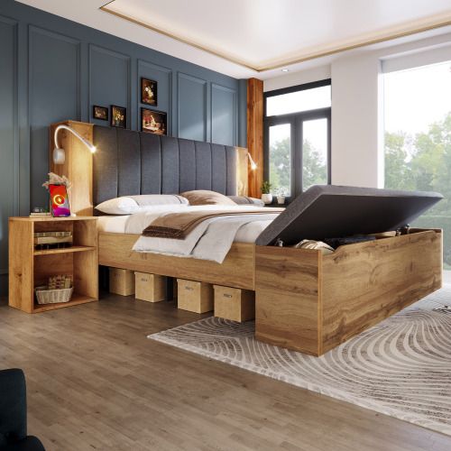 Lit Coffre 160x200 Cm, 2 Chevets Et Banc, Tête De Lit Relevable En Lin, Avec Lattes, En Bois Chêne