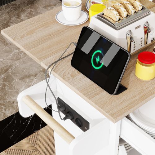 Desserte De Cuisine à 4 Roulettes Avec Plateau Rabattable, Porte-serviettes, Étagère à Épices, Blanc