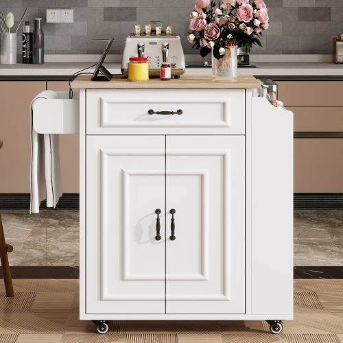 Desserte De Cuisine à 4 Roulettes Avec Plateau Rabattable, Porte-serviettes, Étagère à Épices, Blanc
