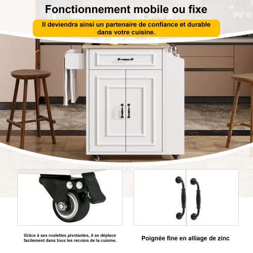 Desserte De Cuisine à 4 Roulettes Avec Plateau Rabattable, Porte-serviettes, Étagère à Épices, Blanc