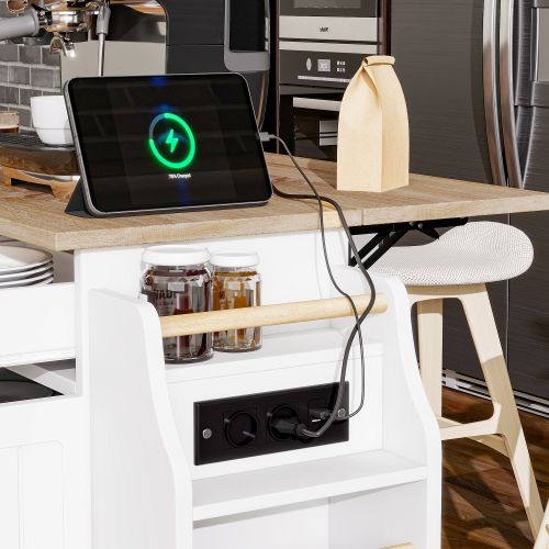 Desserte De Cuisine à 4 Roulettes Avec Plateau Extensible, Compartiment Poubelle, Blanc