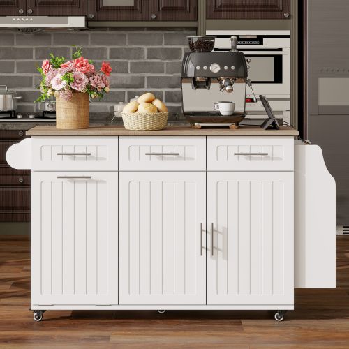 Desserte De Cuisine à 4 Roulettes Avec Plateau Extensible, Compartiment Poubelle, Blanc