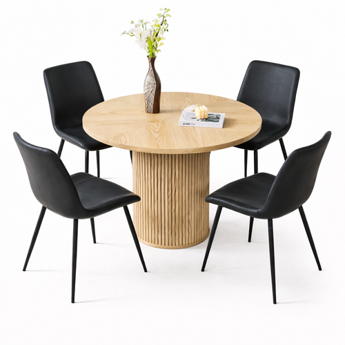 Ensemble Table Et Chaises, Table à Manger 100 Cm Avec Pieds En Mdf Et 4 Chaises Pu Noir