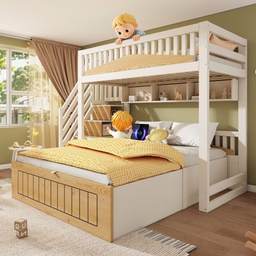 Lit Superposé 90x200 Cm Et 140x200 Cm, Coffre Hydraulique Et Escalier, En Bois, Blanc Et Naturel
