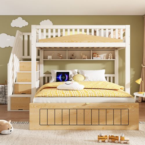 Lit Superposé 90x200 Cm Et 140x200 Cm, Coffre Hydraulique Et Escalier, En Bois, Blanc Et Naturel