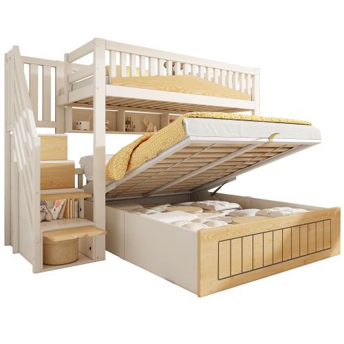 Lit Superposé 90x200 Cm Et 140x200 Cm, Coffre Hydraulique Et Escalier, En Bois, Blanc Et Naturel