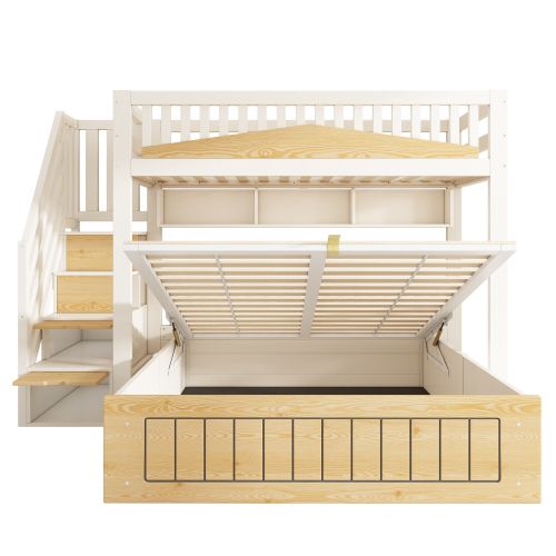 Lit Superposé 90x200 Cm Et 140x200 Cm, Coffre Hydraulique Et Escalier, En Bois, Blanc Et Naturel
