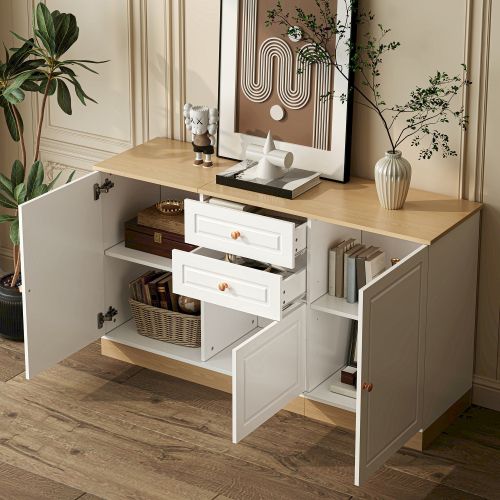 Buffet De Salon, Buffet Blanc Et Bois 135,5 X 39 X 76 Cm, 3 Portes Et 2 Tiroirs