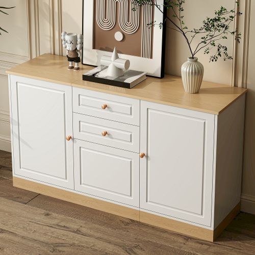 Buffet De Salon, Buffet Blanc Et Bois 135,5 X 39 X 76 Cm, 3 Portes Et 2 Tiroirs