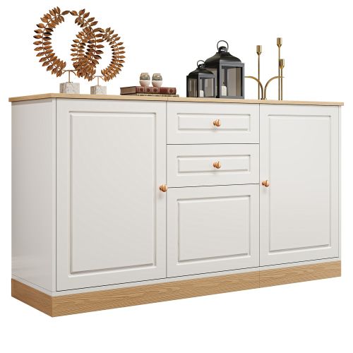Buffet De Salon, Buffet Blanc Et Bois 135,5 X 39 X 76 Cm, 3 Portes Et 2 Tiroirs