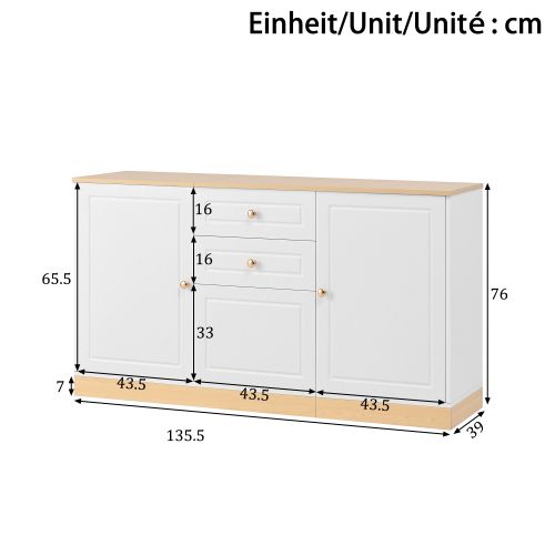 Buffet De Salon, Buffet Blanc Et Bois 135,5 X 39 X 76 Cm, 3 Portes Et 2 Tiroirs