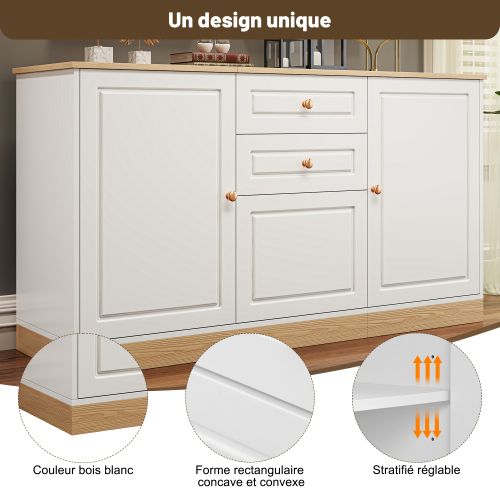 Buffet De Salon, Buffet Blanc Et Bois 135,5 X 39 X 76 Cm, 3 Portes Et 2 Tiroirs