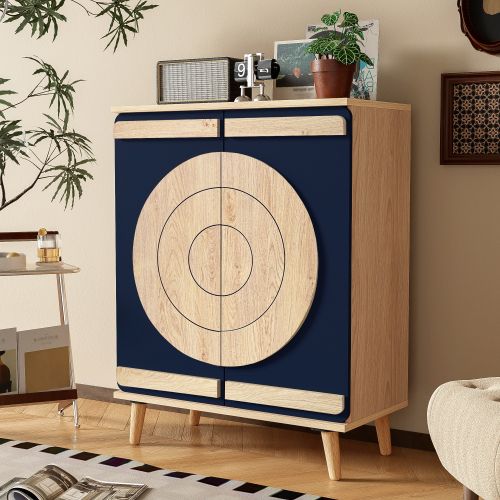 Meuble à Chaussures, Portes Géométriques Rondes, Rangement Multi-niveaux, Bleu Et Naturel