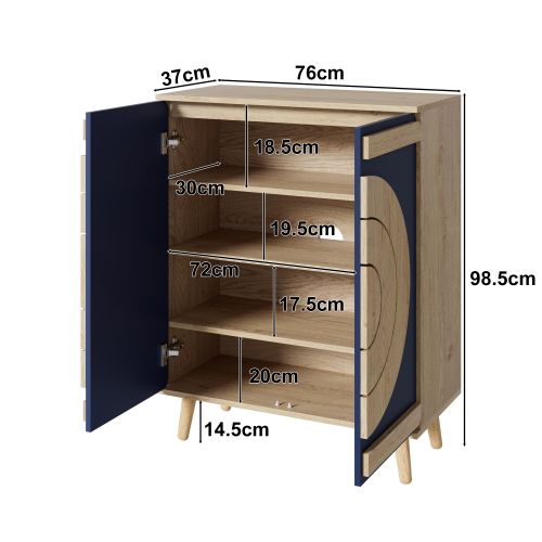 Meuble à Chaussures, Portes Géométriques Rondes, Rangement Multi-niveaux, Bleu Et Naturel
