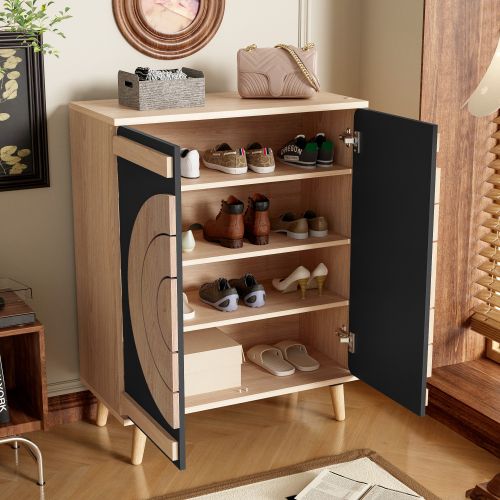 Meuble à Chaussures, Portes Géométriques Rondes, Rangement Multi-niveaux, Noir Et Naturel