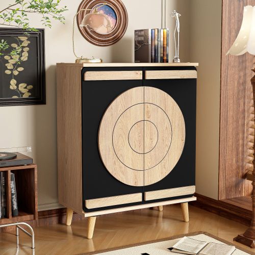 Meuble à Chaussures, Portes Géométriques Rondes, Rangement Multi-niveaux, Noir Et Naturel