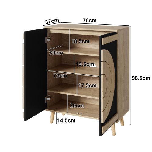 Meuble à Chaussures, Portes Géométriques Rondes, Rangement Multi-niveaux, Noir Et Naturel