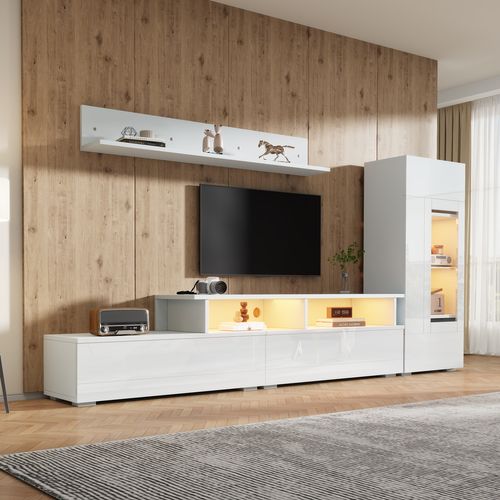 Ensemble De Meubles TV Muraux 3 Pièces, 1 Meuble TV, 1 Vitrine, 1 Étagère Murale, Avec LED