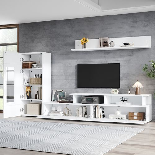 Ensemble De Meubles TV Muraux 3 Pièces, 1 Meuble TV, 1 Vitrine, 1 Étagère Murale, Avec LED