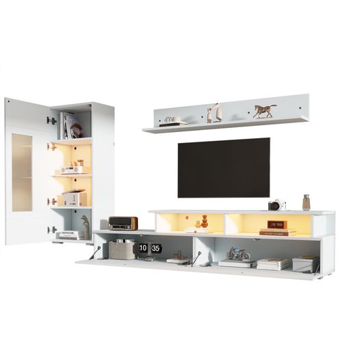 Ensemble De Meubles TV Muraux 3 Pièces, 1 Meuble TV, 1 Vitrine, 1 Étagère Murale, Avec LED