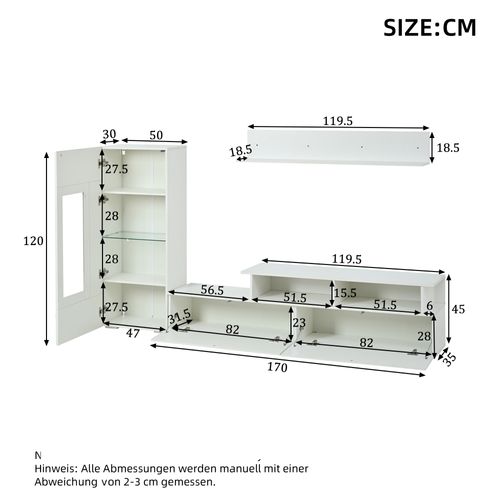 Ensemble De Meubles TV Muraux 3 Pièces, 1 Meuble TV, 1 Vitrine, 1 Étagère Murale, Avec LED