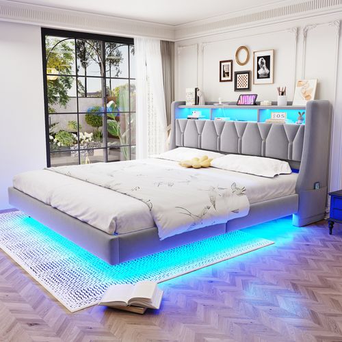 Lit Adulte 180x200 Cm, Lit Avec LED Et Ports USB Et Type-c, Avec Sommier à Lattes, Gris Clair