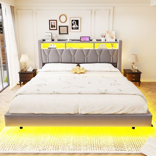 Lit Adulte 180x200 Cm, Lit Avec LED Et Ports USB Et Type-c, Avec Sommier à Lattes, Gris Clair