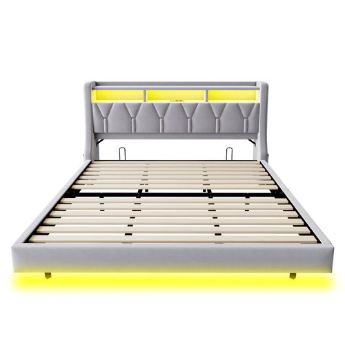 Lit Adulte 180x200 Cm, Lit Avec LED Et Ports USB Et Type-c, Avec Sommier à Lattes, Gris Clair