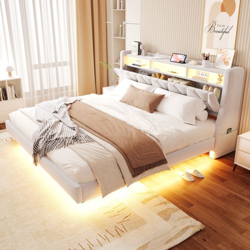 Lit Adulte 180x200 Cm, Lit Avec LED Et Tête De Lit De Rangement, En Tissu, Beige