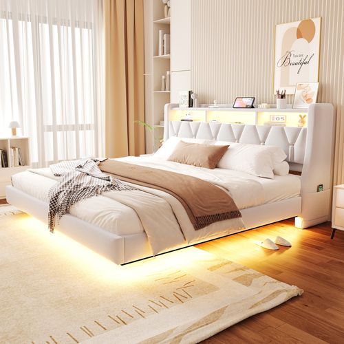 Lit Adulte 180x200 Cm, Lit Avec LED Et Tête De Lit De Rangement, En Tissu, Beige