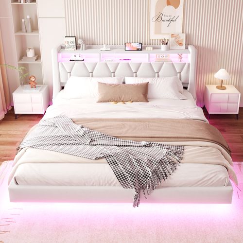 Lit Adulte 180x200 Cm, Lit Avec LED Et Tête De Lit De Rangement, En Tissu, Beige