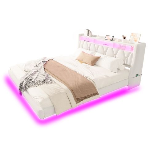 Lit Adulte 180x200 Cm, Lit Avec LED Et Tête De Lit De Rangement, En Tissu, Beige