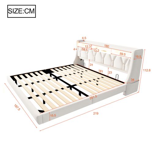 Lit Adulte 180x200 Cm, Lit Avec LED Et Tête De Lit De Rangement, En Tissu, Beige