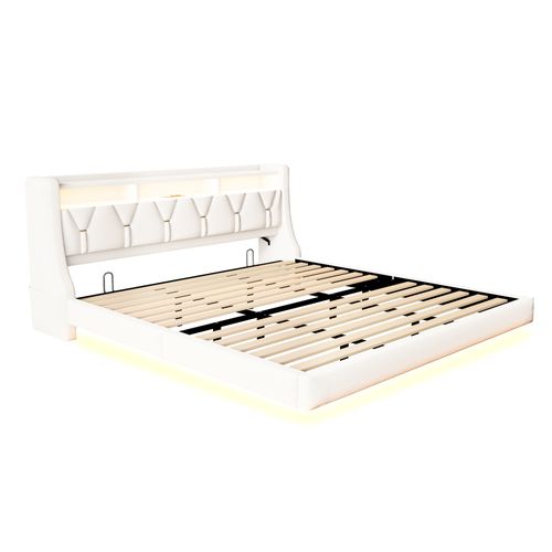 Lit Adulte 180x200 Cm, Lit Avec LED Et Tête De Lit De Rangement, En Tissu, Beige