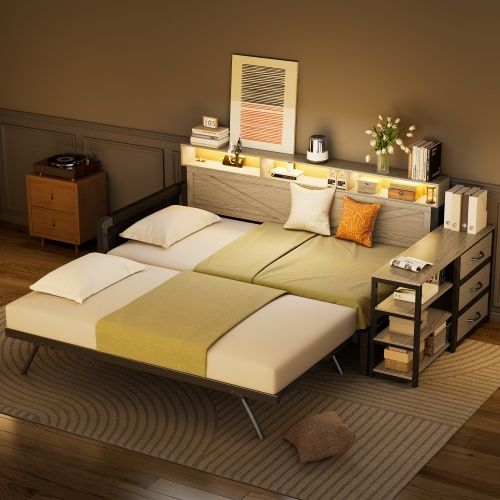 Lit Gigogne 90x200 Cm, Avec LED Et Ports USB Et Type-c, En Métal, Noir