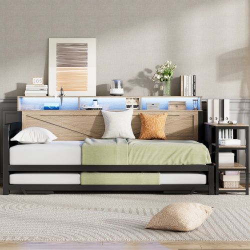 Lit Gigogne 90x200 Cm, Avec LED Et Ports USB Et Type-c, En Métal, Noir