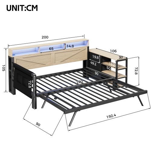 Lit Gigogne 90x200 Cm, Avec LED Et Ports USB Et Type-c, En Métal, Noir