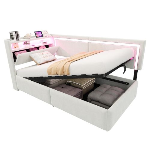Lit Coffre 90x200 Cm, Tête De Lit De Rangement Avec LED, Avec Ports USB Et Type-c, Beige