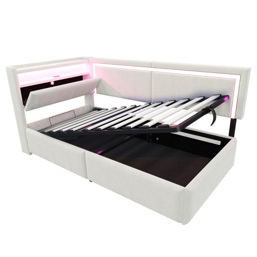 Lit Coffre 90x200 Cm, Tête De Lit De Rangement Avec LED, Avec Ports USB Et Type-c, Beige