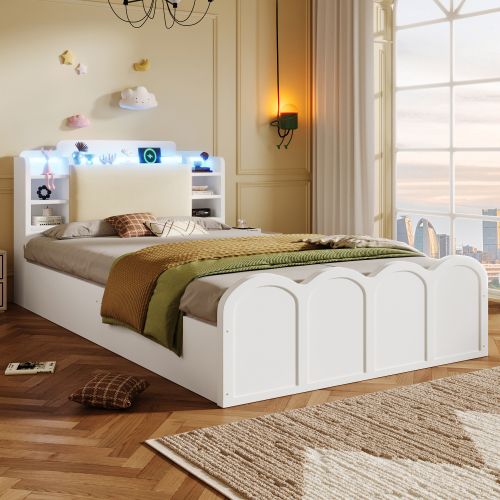 Lit Coffre 90x200 Cm, Lit Avec Rangement, LED Et Ports USB Et Type-c, Blanc
