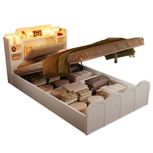 Lit Coffre 90x200 Cm, Lit Avec Rangement, LED Et Ports USB Et Type-c, Blanc