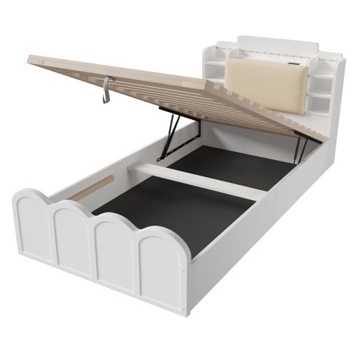 Lit Coffre 90x200 Cm, Lit Avec Rangement, LED Et Ports USB Et Type-c, Blanc